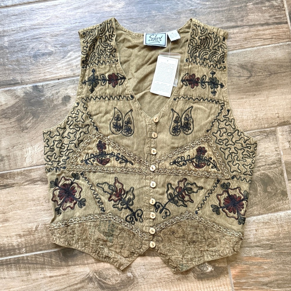 Select Vintage Womens Boho Handcrafted Embroidered Button Up Vest, Olive, M(NWT)